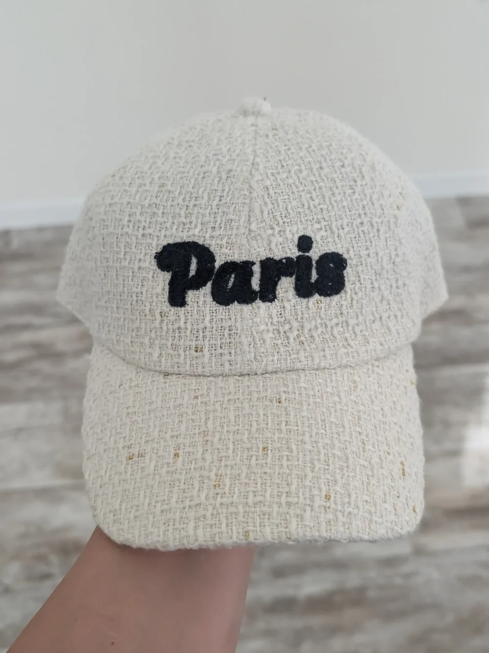 Tilly's White 'Paris' Bouclé Baseball Cap with Black Embroidery NWOT